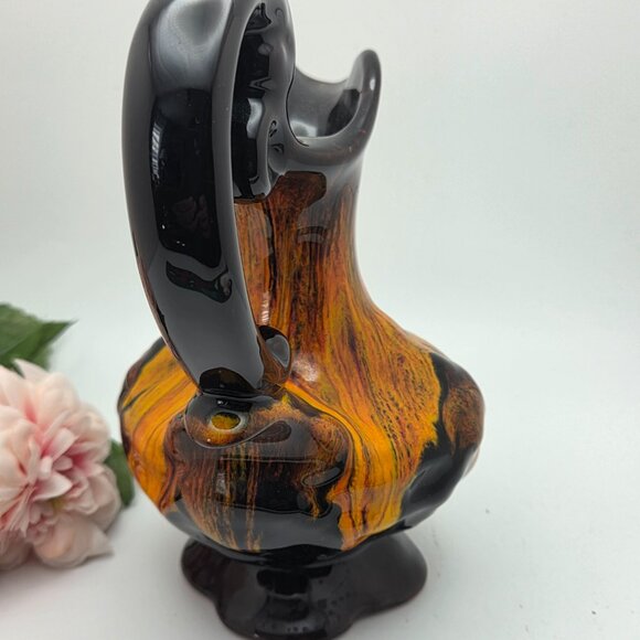 VTG Canadian Pottery Evangeline Pitcher Jug Drip Glaze Orange Brown Black MCM - Picture 3 of 13